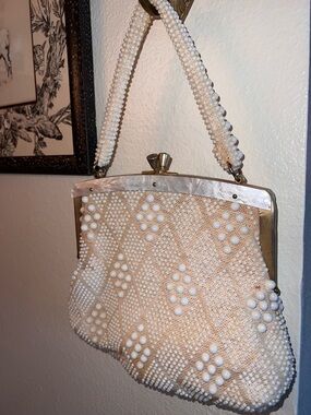 Beaded Ivory Evening Clutch with Pearl Accent